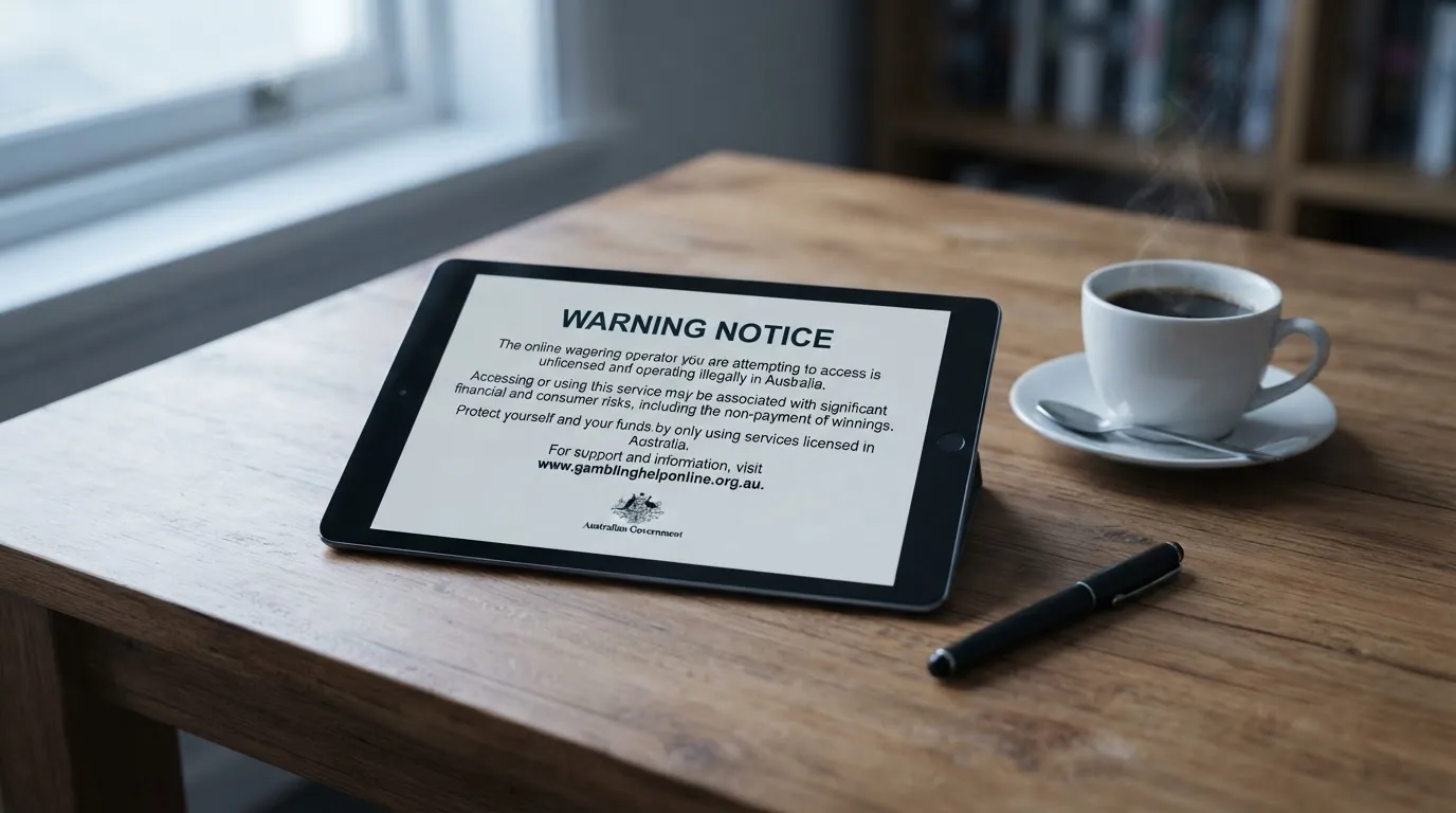 A tablet on a desk displays a plain government-style warning notice page, with a coffee cup beside it.