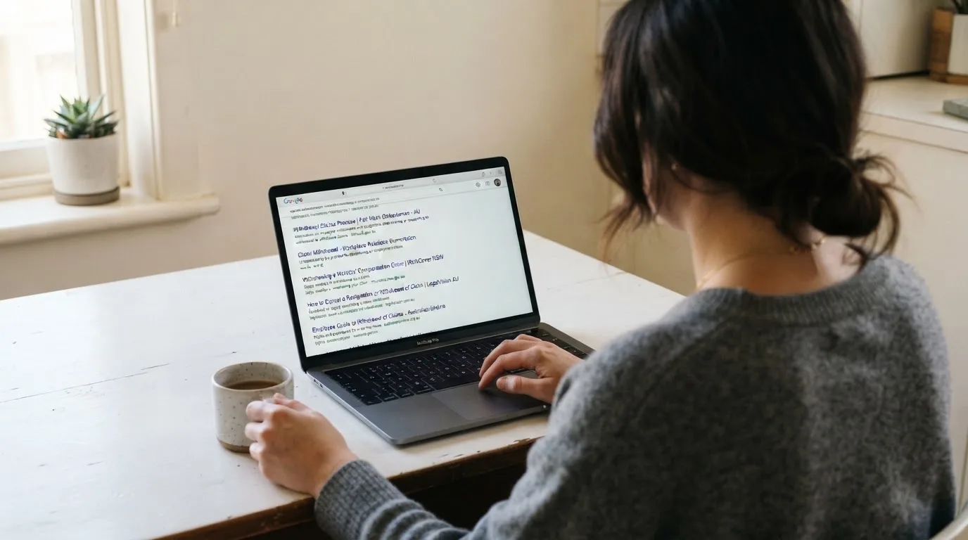 A person sits at a kitchen table, scrolling a laptop showing a general search results page about withdrawal claims.