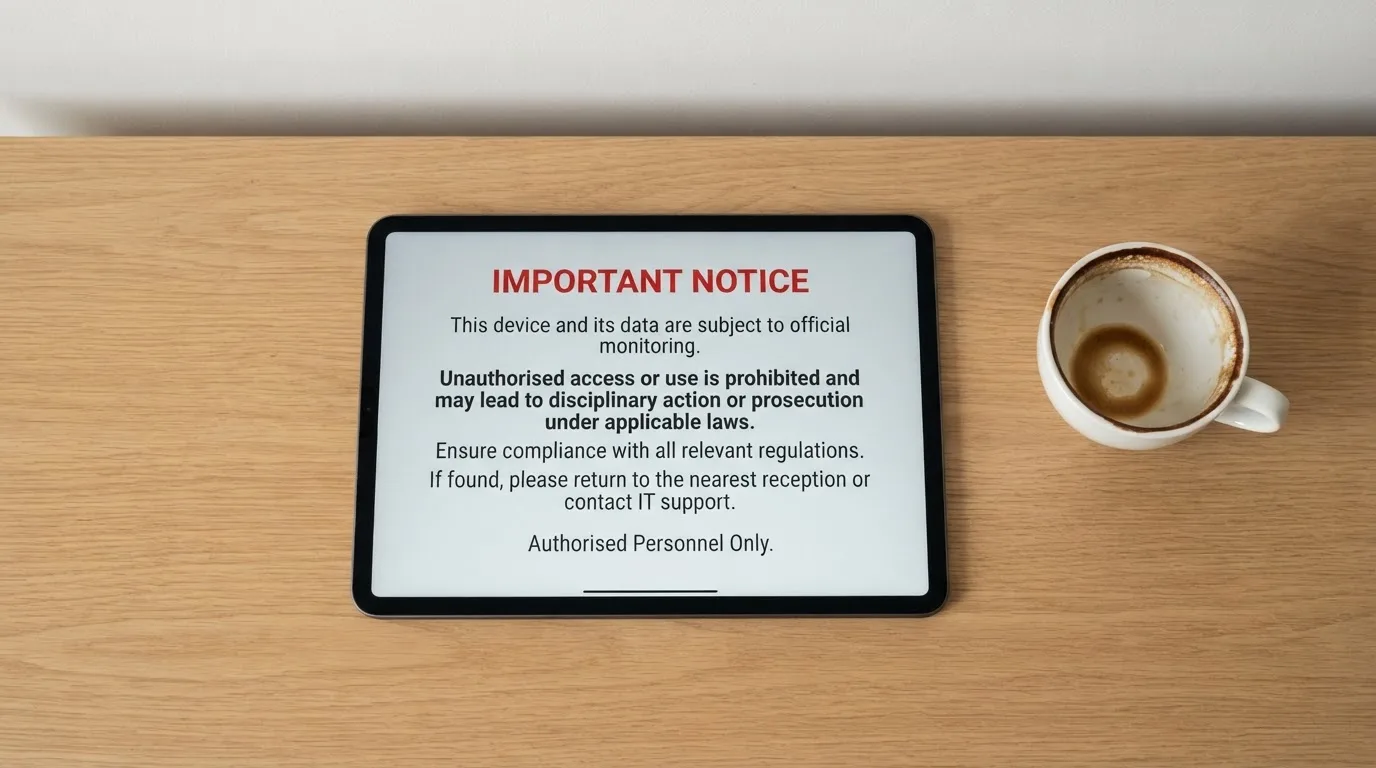 A tablet on a desk displays a plain government-style warning notice page, with a coffee cup beside it.