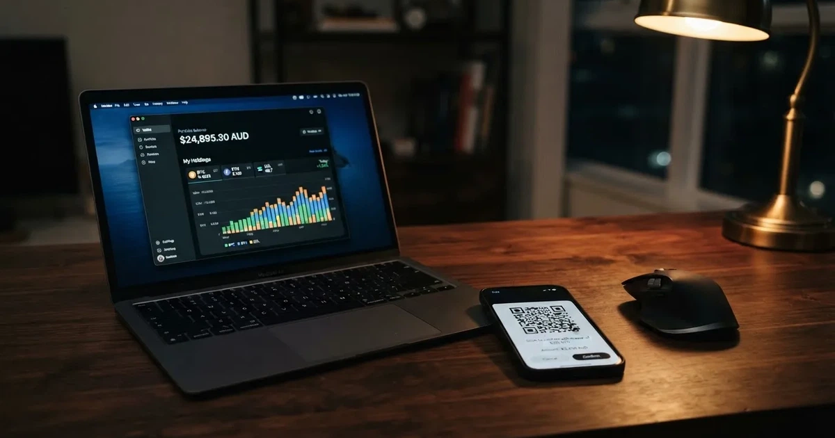 A laptop screen shows a cryptocurrency wallet balance next to a phone displaying a QR code, on a desk at night.