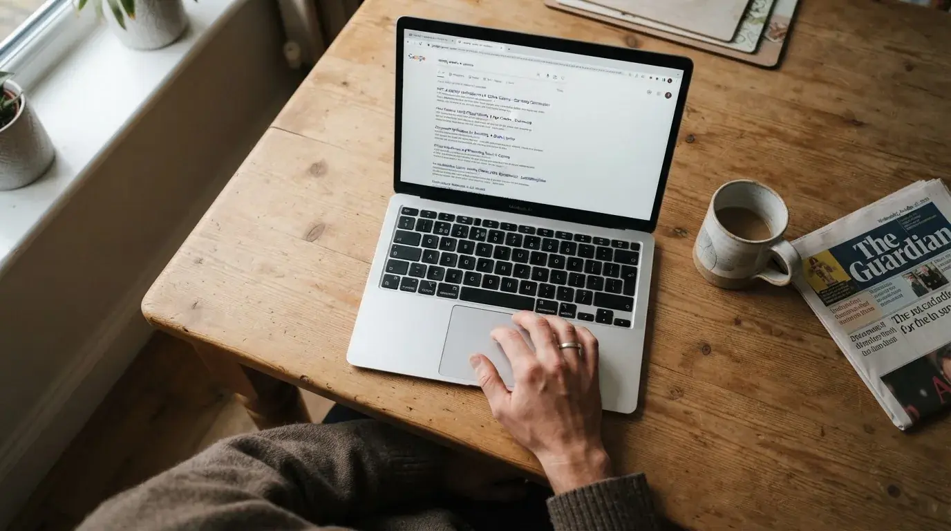 A person sits at a kitchen table, scrolling a laptop showing a general search results page about identity checks at casinos.