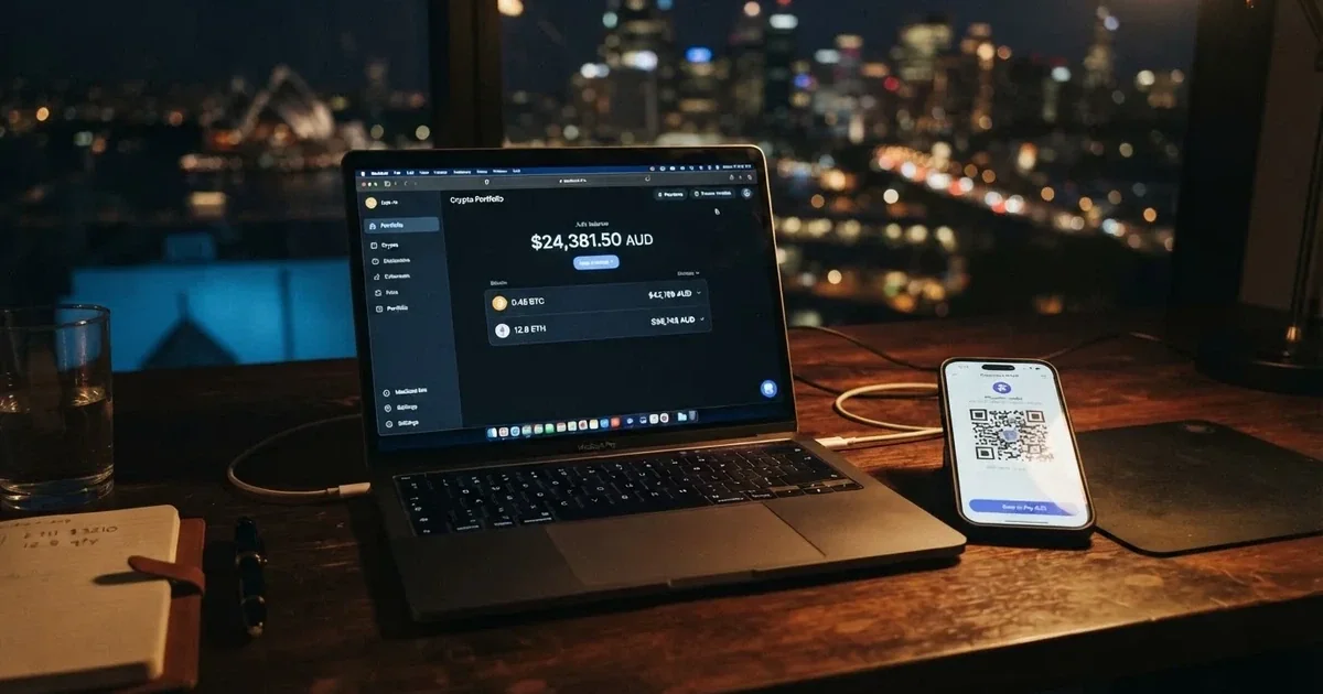 A laptop screen shows a cryptocurrency wallet balance next to a phone displaying a QR code, on a desk at night.