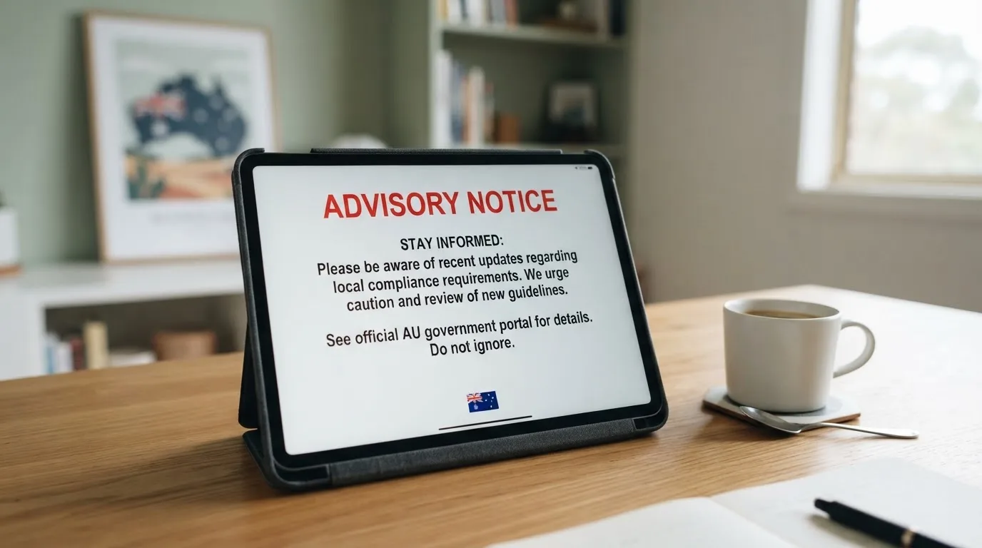 A tablet on a desk displays a plain government-style warning notice page, with a coffee cup beside it.