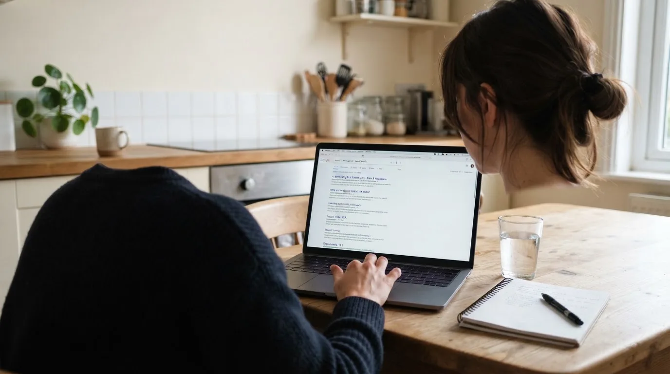 A person sits at a kitchen table, scrolling a laptop showing a general search results page about deposit limits.