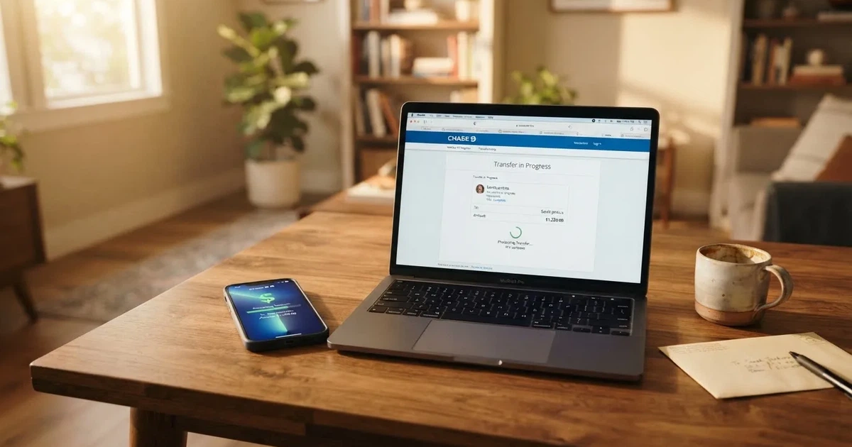 Close-up of a smartphone banking app open beside a laptop on a home desk, mid-transfer.