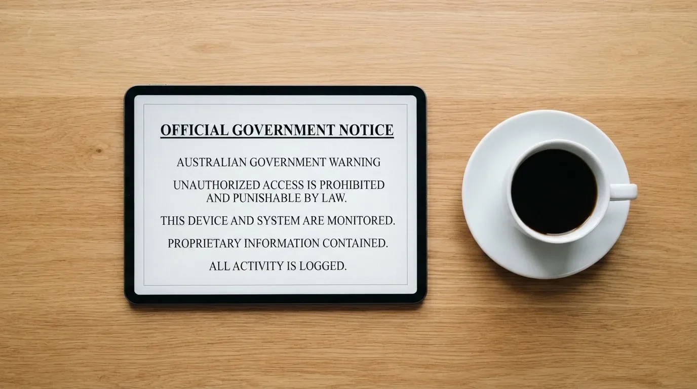 A tablet on a desk displays a plain government-style warning notice page, with a coffee cup beside it.