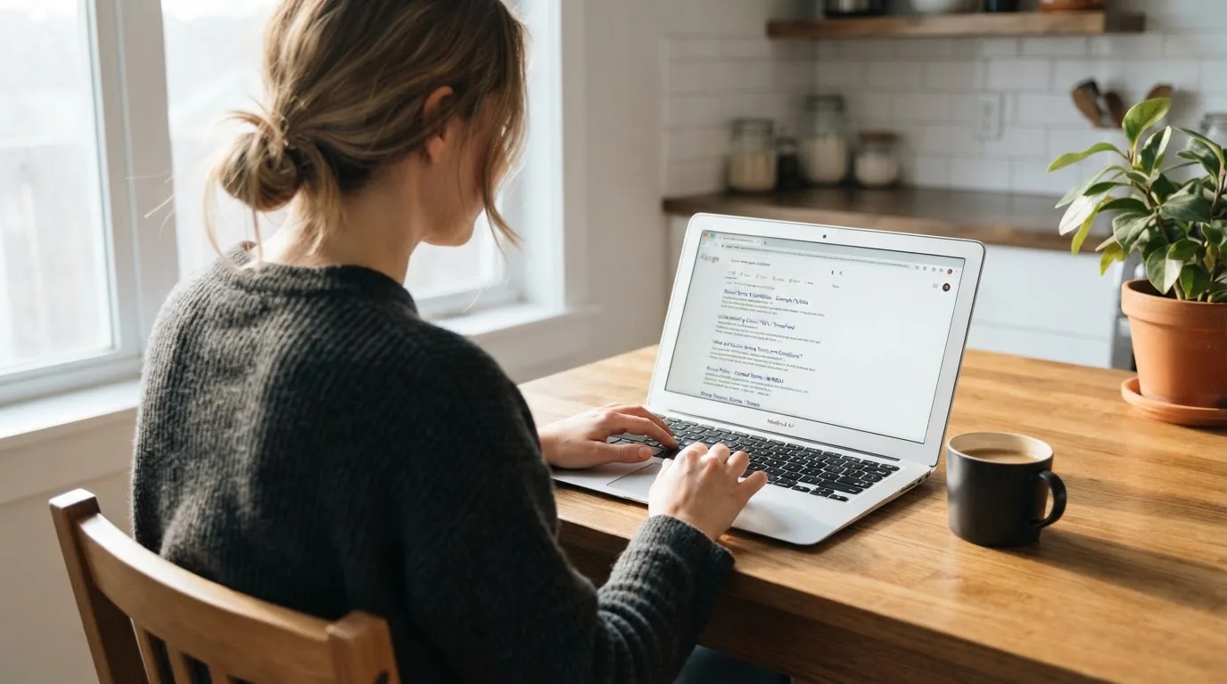 A person sits at a kitchen table, scrolling a laptop showing a general search results page about bonus terms.
