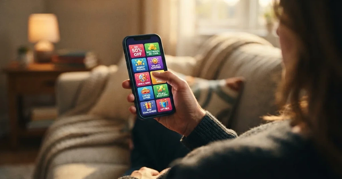 A phone screen shows a list of promotional bonus tiles as someone scrolls with one thumb on a couch.