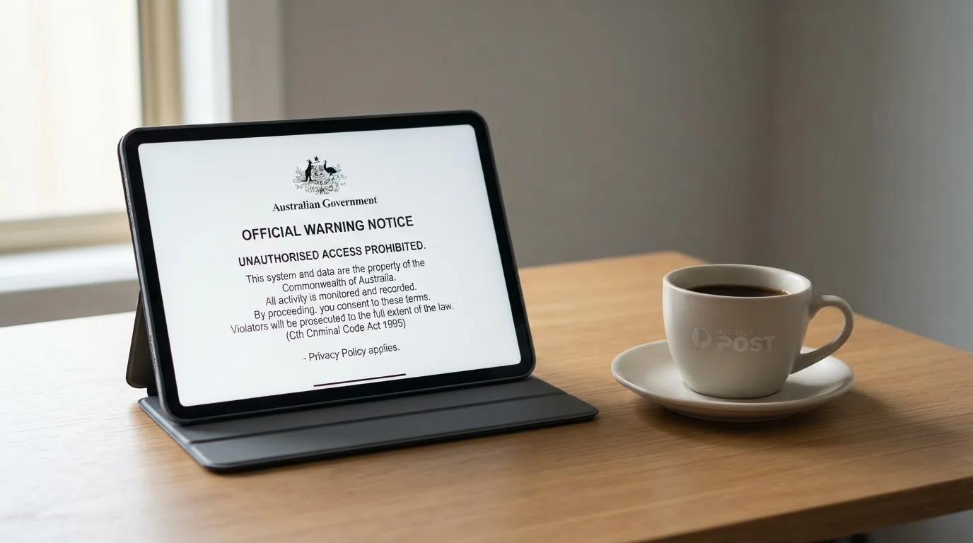 A tablet on a desk displays a plain government-style warning notice page, with a coffee cup beside it.