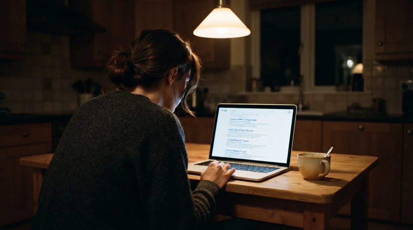A person sits at a kitchen table in the evening, scrolling a laptop showing a general search results page about bonus offers.