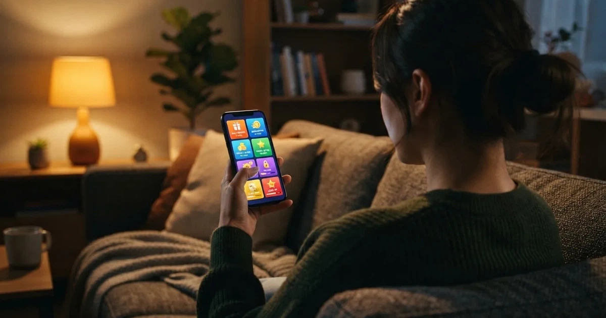 A phone screen shows a list of promotional bonus tiles as someone scrolls with one thumb on a couch.