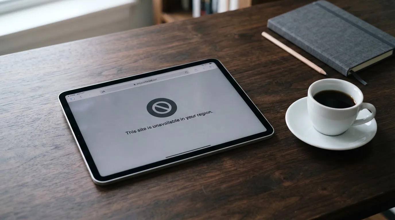 A tablet on a desk displays a plain government-style warning notice page, with a coffee cup beside it.
