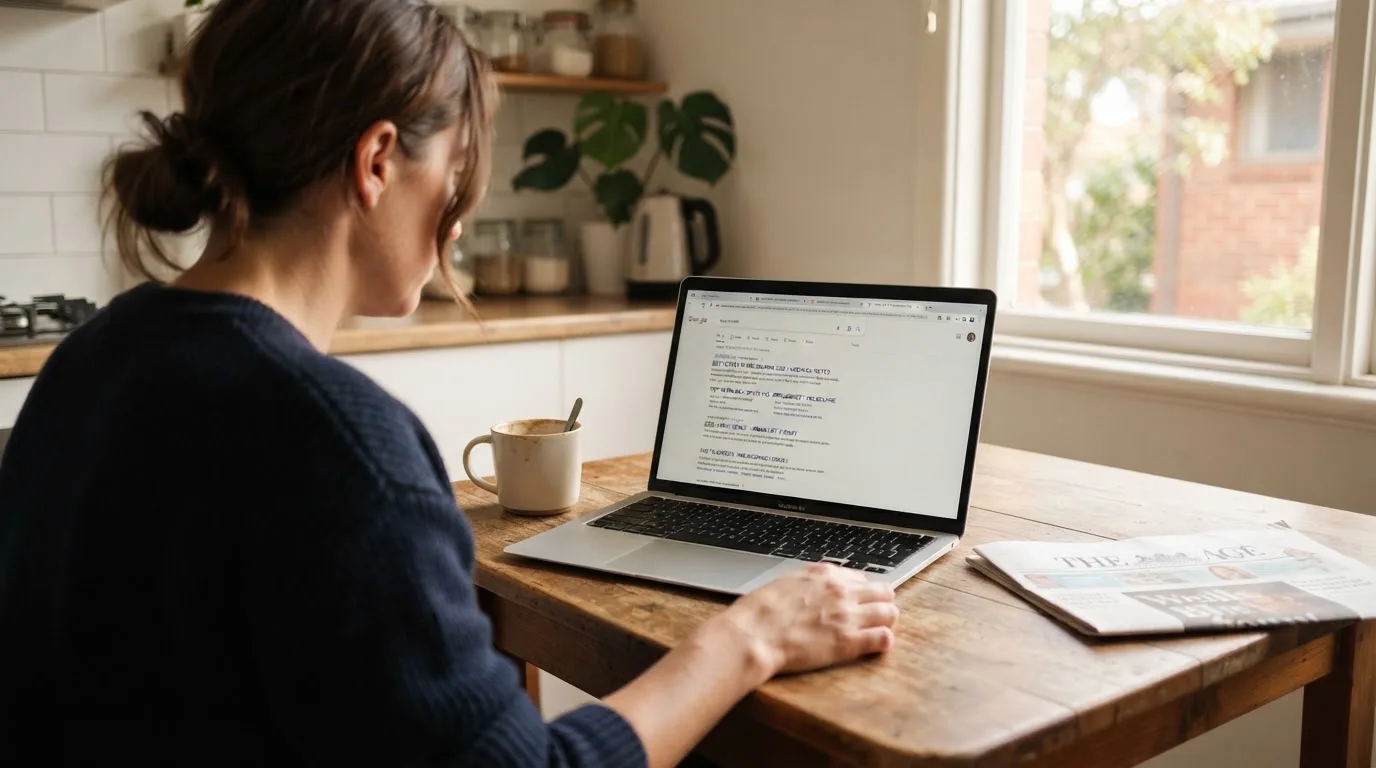 A person sits at a kitchen table, scrolling a laptop showing a general search results page about free spins offers.