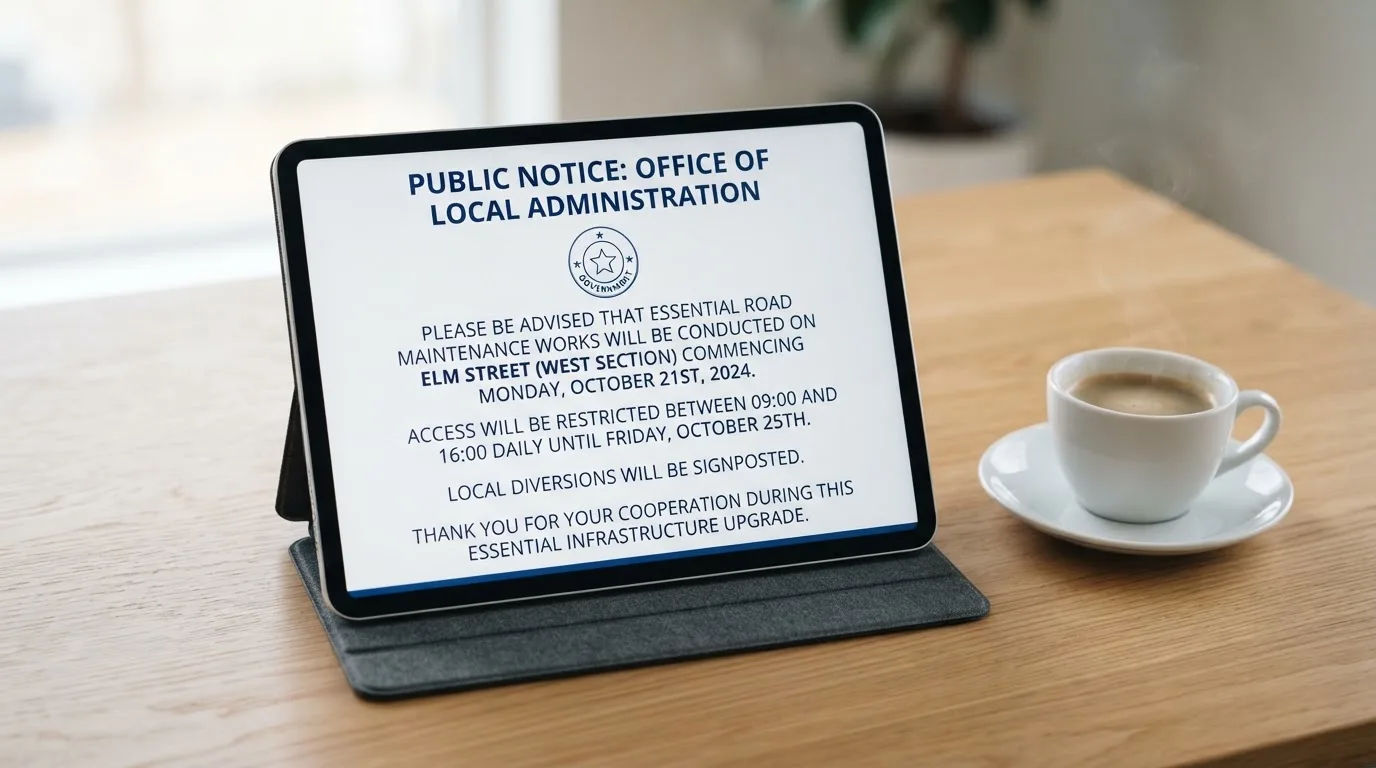 A tablet on a desk displays a plain government-style warning notice page, with a coffee cup beside it.