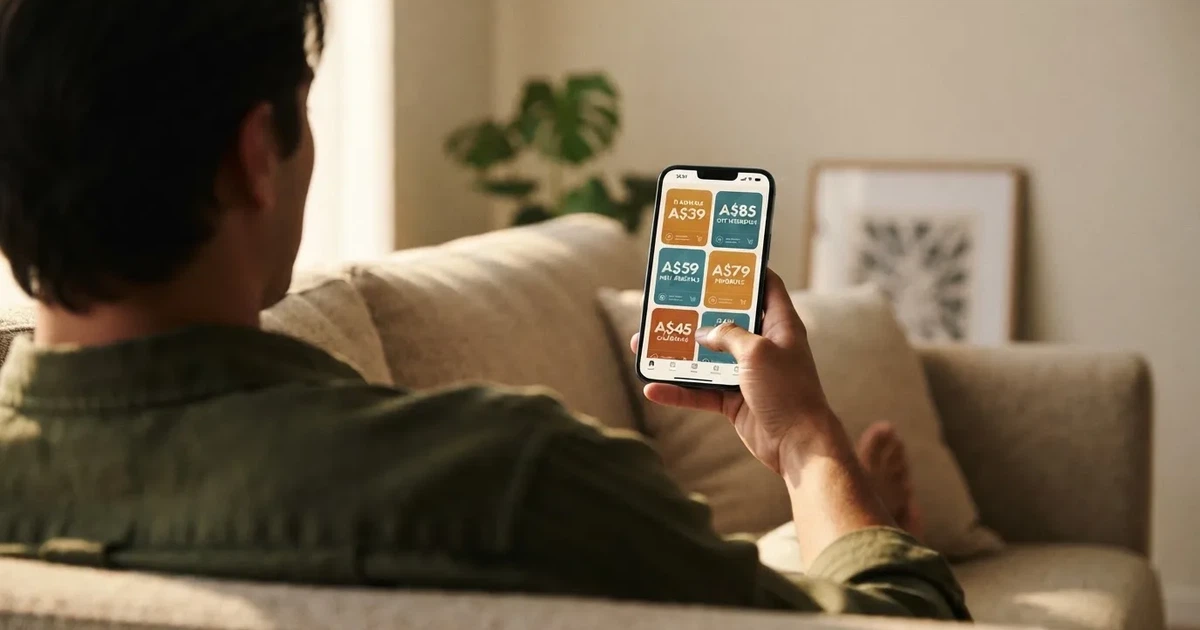 A phone screen shows a list of promotional bonus tiles as someone scrolls with one thumb on a couch.