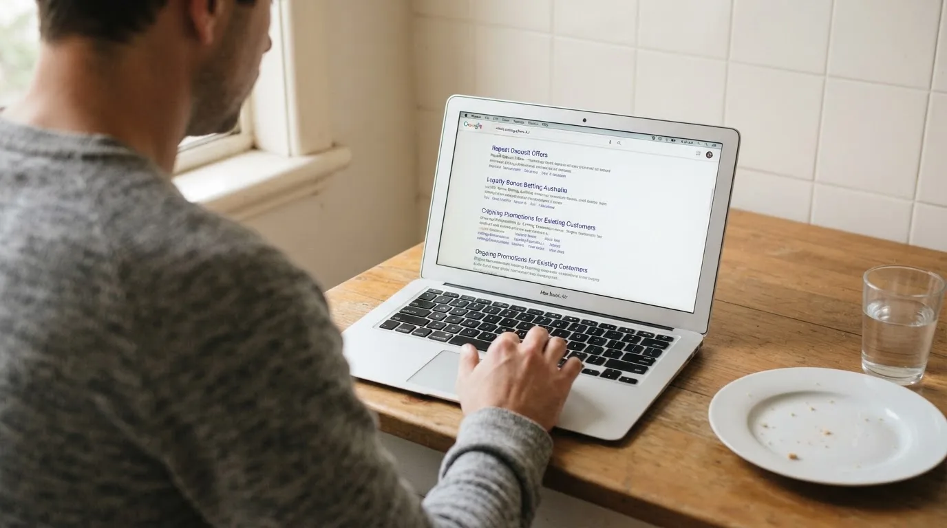 A person sits at a kitchen table, scrolling a laptop showing a general search results page about repeat-deposit offers.