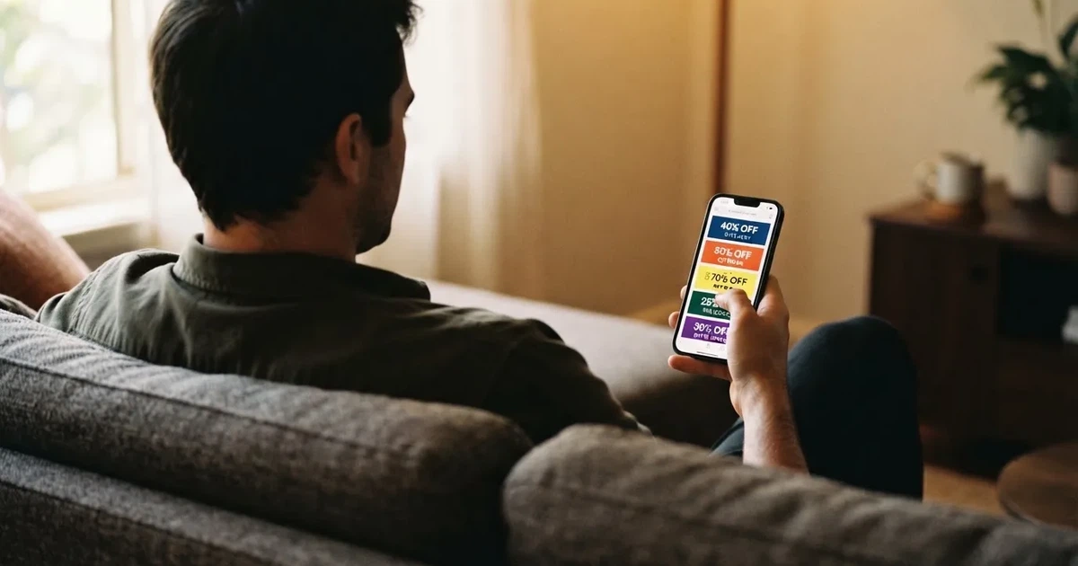 A phone screen shows a list of promotional bonus tiles as someone scrolls with one thumb on a couch.