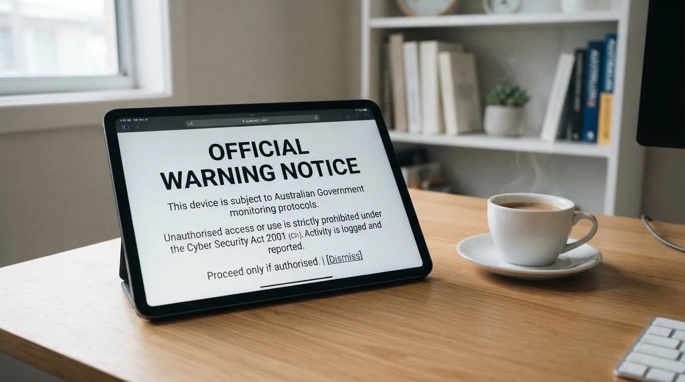 A tablet on a desk displays a plain government-style warning notice page, with a coffee cup beside it.