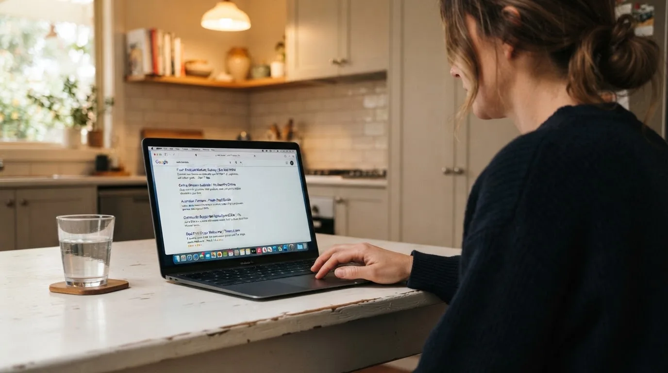 A person sits at a kitchen table, scrolling a laptop showing a general search results page about pokies offers.