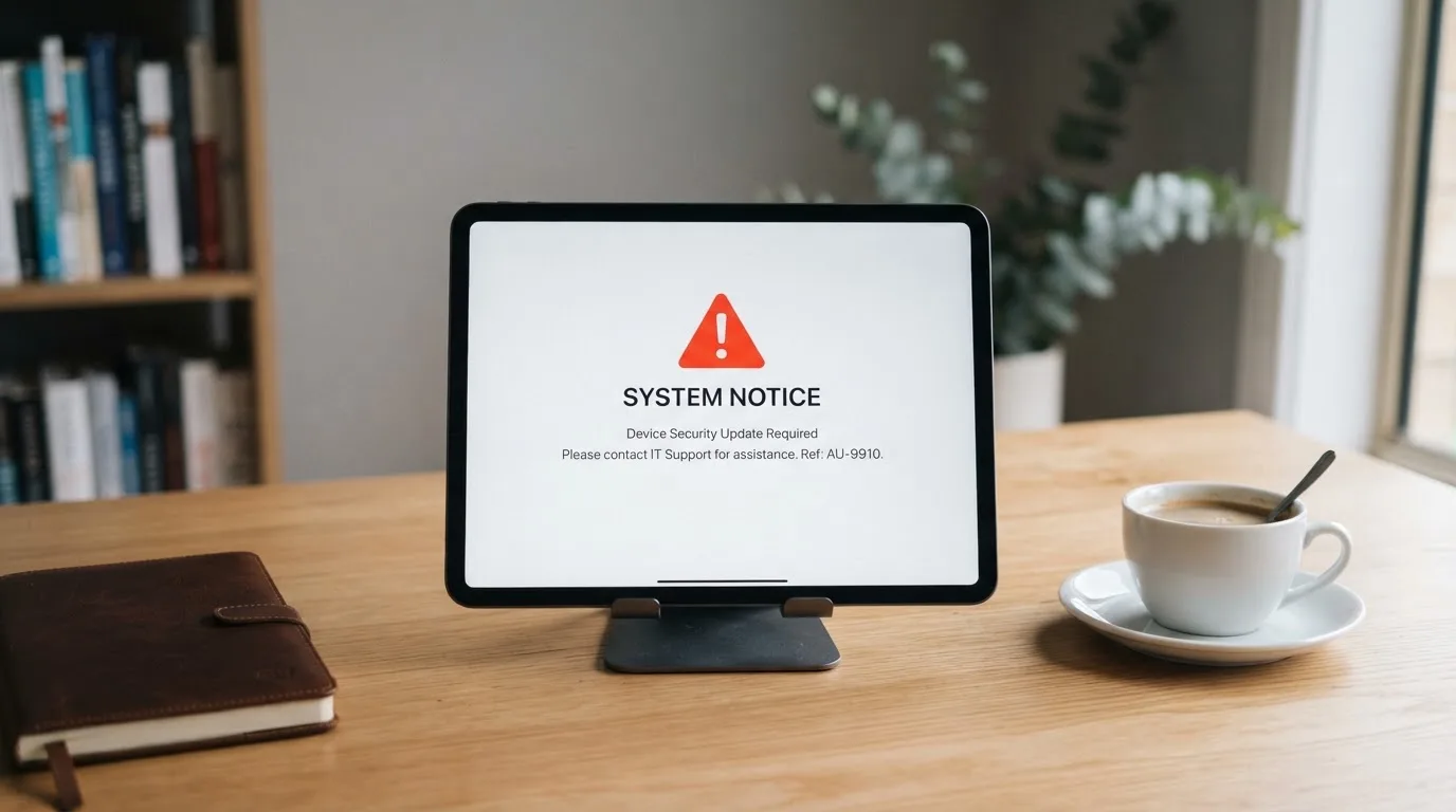 A tablet on a desk displays a plain government-style warning notice page, with a coffee cup beside it.