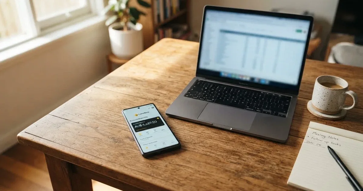 Close-up of a smartphone banking app open beside a laptop on a home desk, mid-transfer.