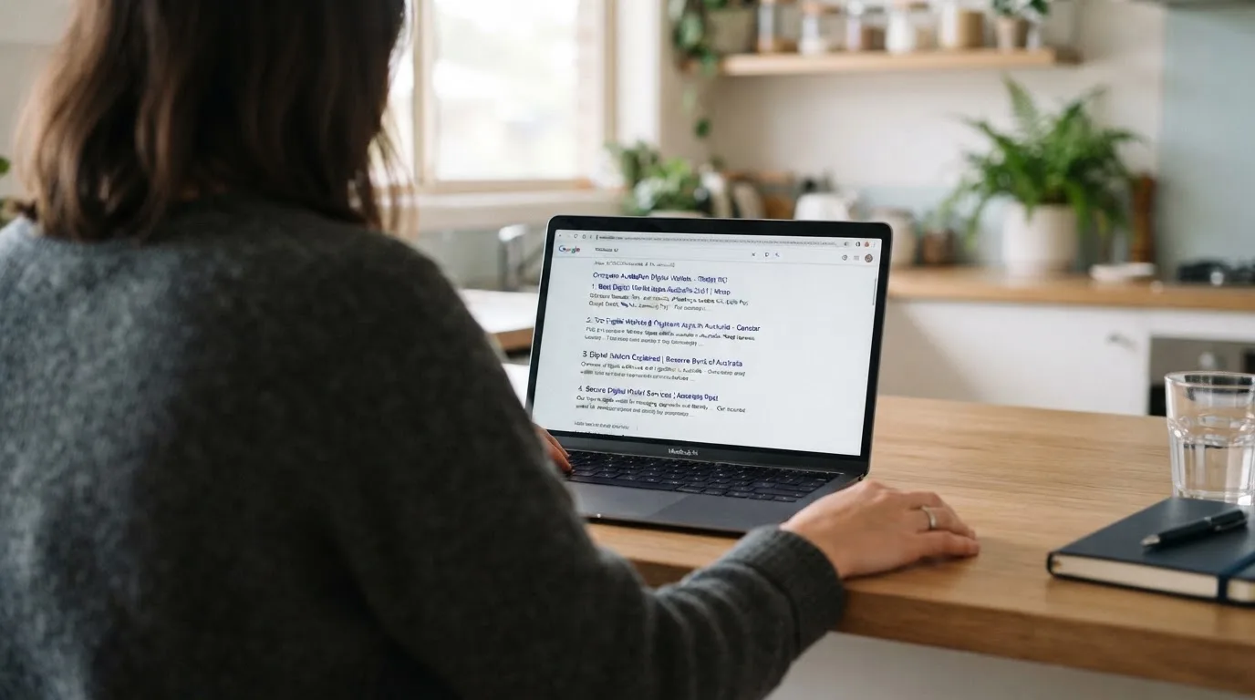 A person sits at a kitchen table, scrolling a laptop showing a general search results page about e-wallet options.