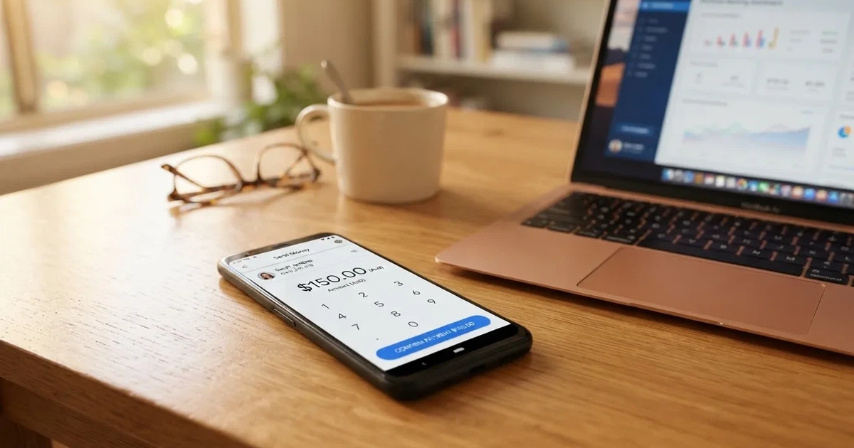 Close-up of a smartphone banking app open beside a laptop on a home desk, mid-transfer.