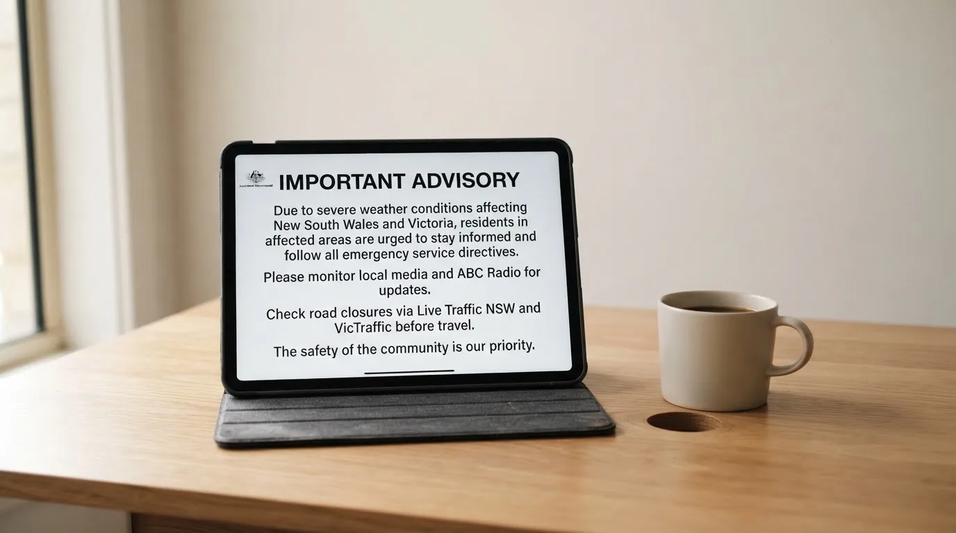 A tablet on a desk displays a plain government-style warning notice page, with a coffee cup beside it.