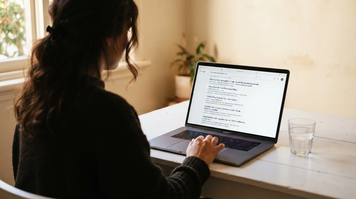 A person sits at a kitchen table, scrolling a laptop showing a general search results page about withdrawal speed.