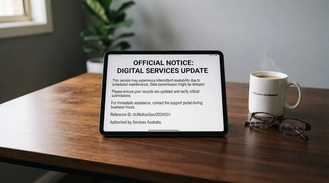 A tablet on a desk displays a plain government-style warning notice page, with a coffee cup beside it.