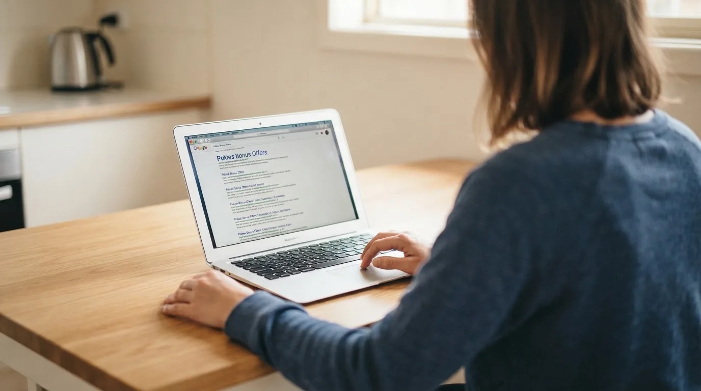 A person sits at a kitchen table, scrolling a laptop showing a general search results page about pokies bonus offers.