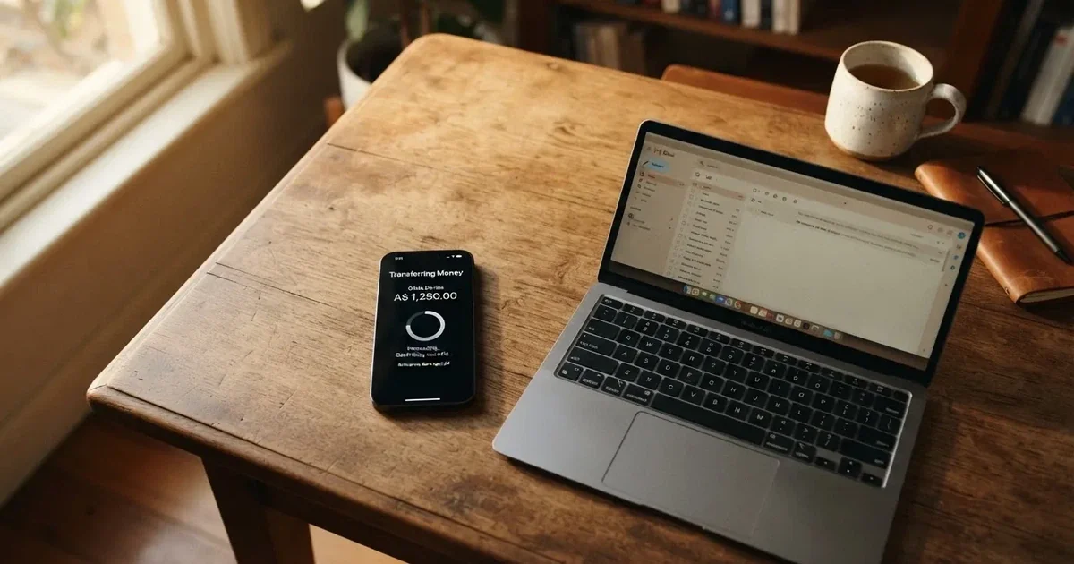 Close-up of a smartphone banking app open beside a laptop on a home desk, mid-transfer.