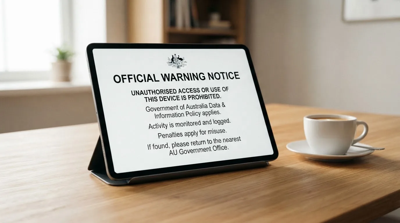 A tablet on a desk displays a plain government-style warning notice page, with a coffee cup beside it.
