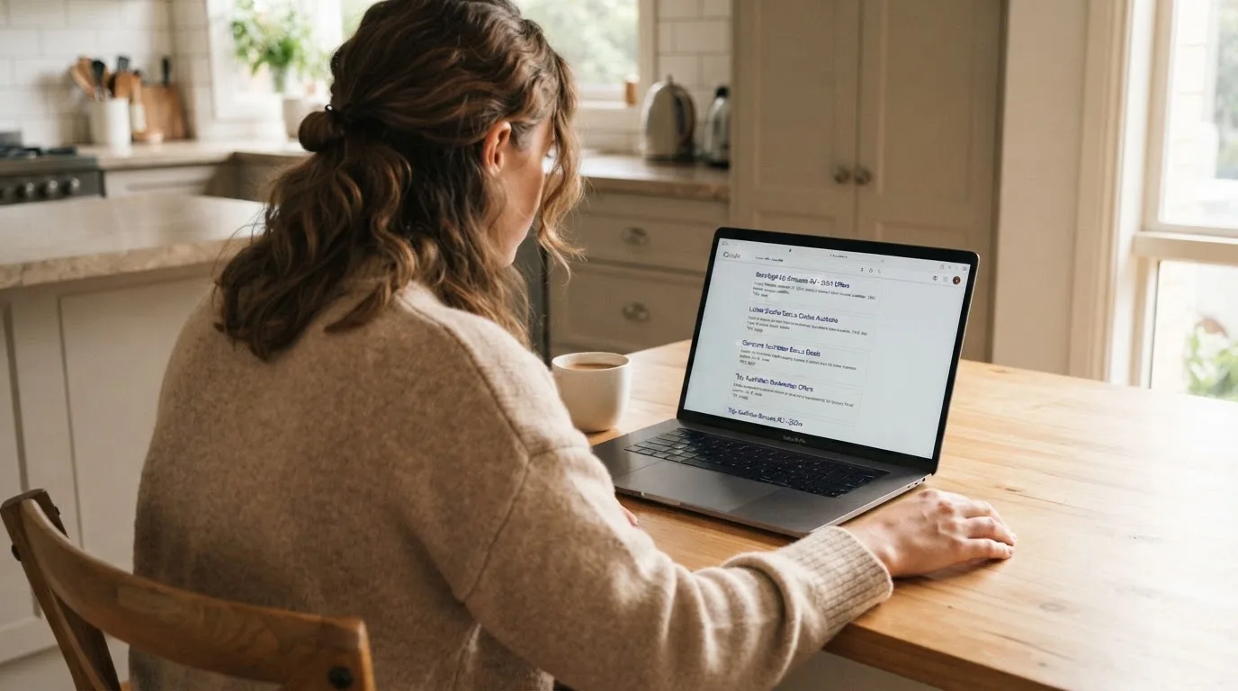 A person sits at a kitchen table, scrolling a laptop showing a general search results page about free spins offers.