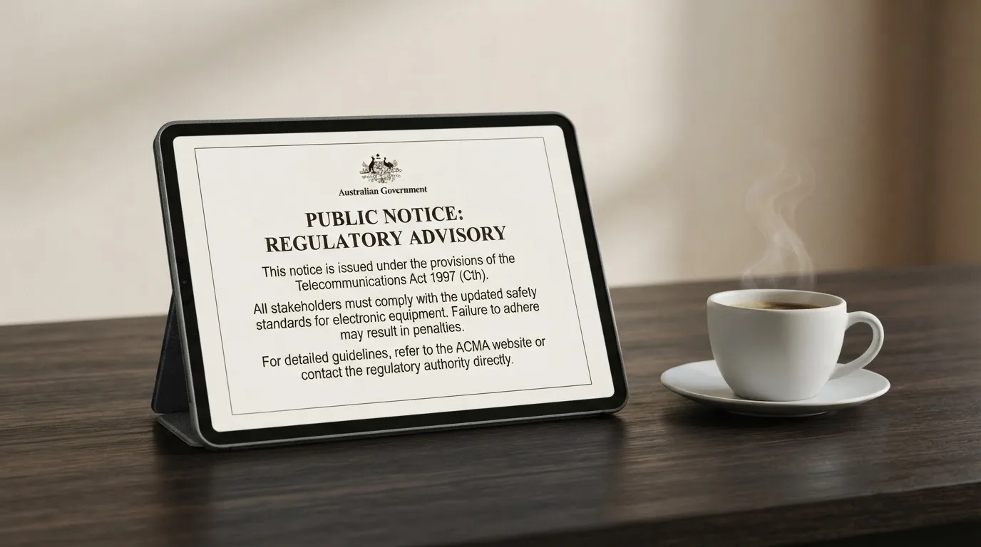 A tablet on a desk displays a plain government-style warning notice page, with a coffee cup beside it.