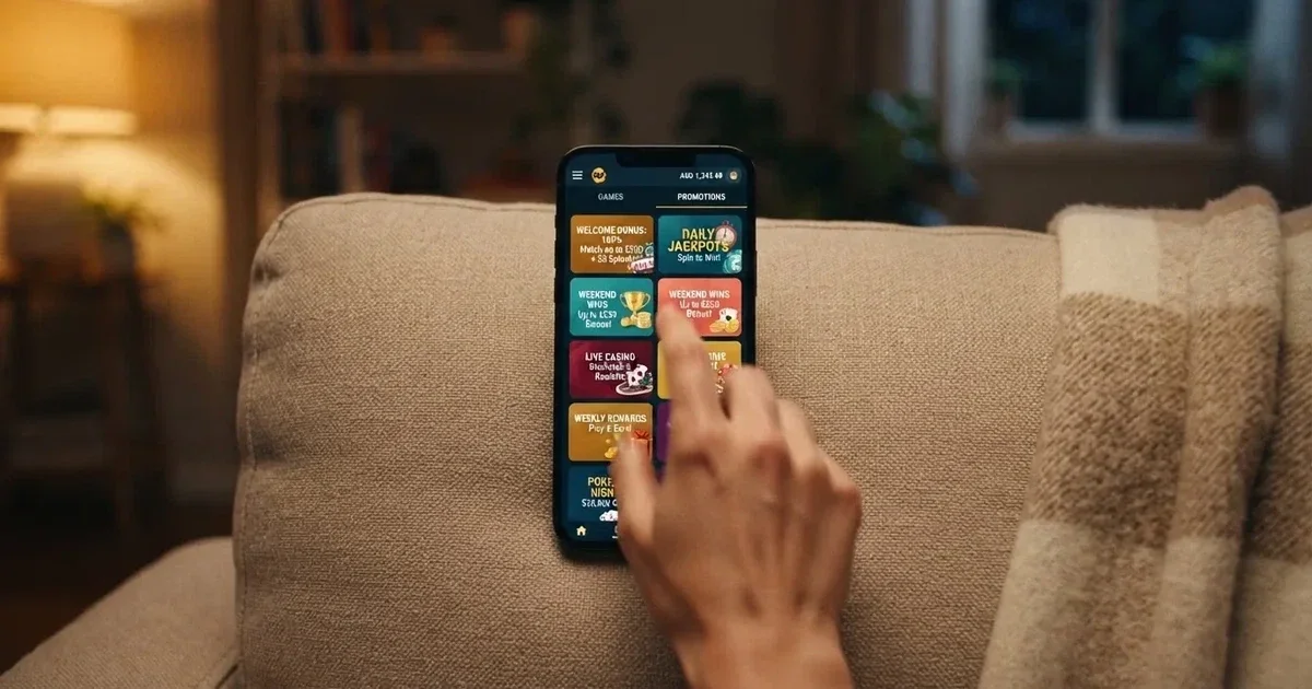 A phone screen shows a list of promotional bonus tiles as someone scrolls with one thumb on a couch.