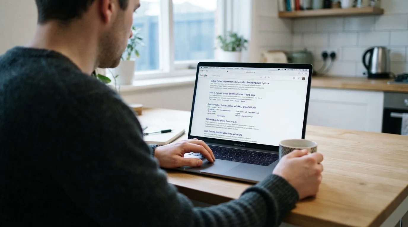 A person sits at a kitchen table, scrolling a laptop showing a general search results page about pokies deposit options.