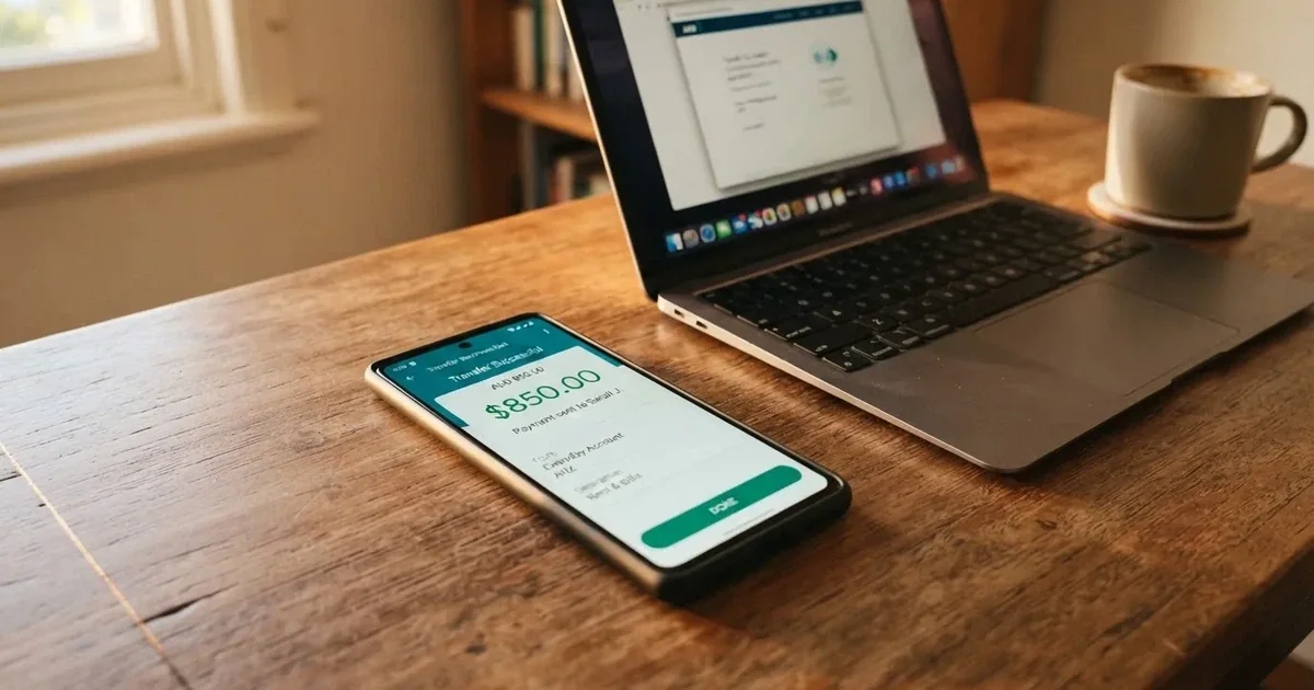 Close-up of a smartphone banking app open beside a laptop on a home desk, mid-transfer.