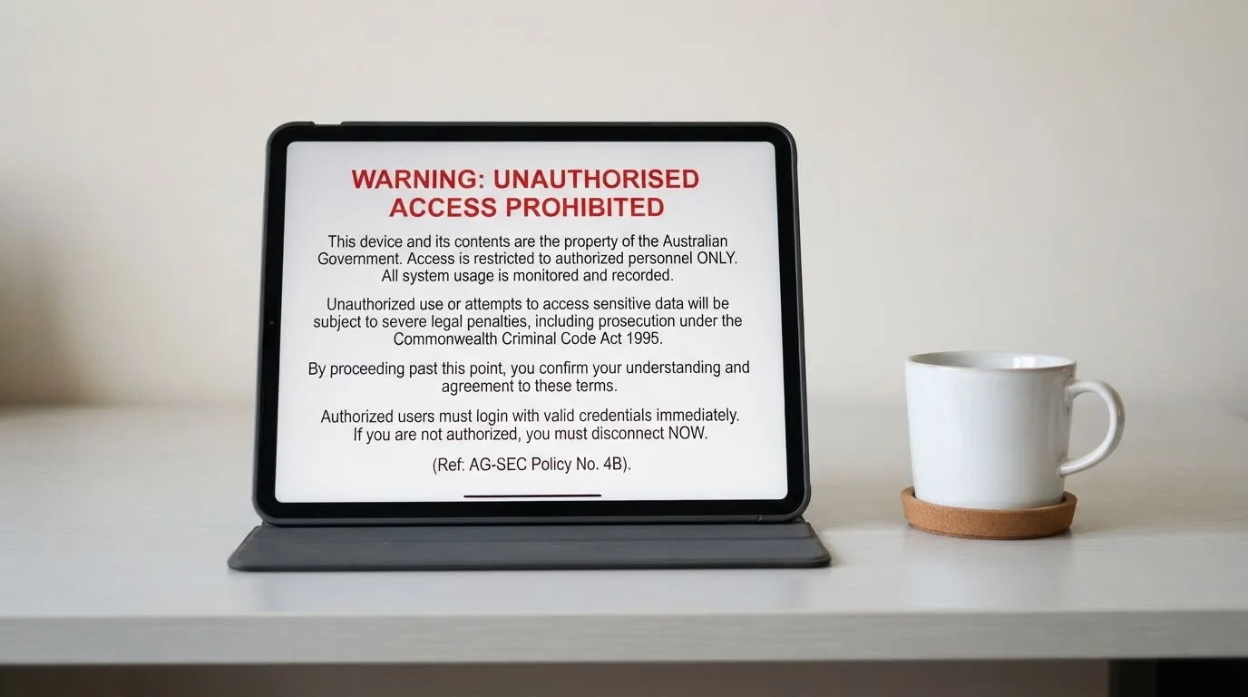 A tablet on a desk displays a plain government-style warning notice page, with a coffee cup beside it.