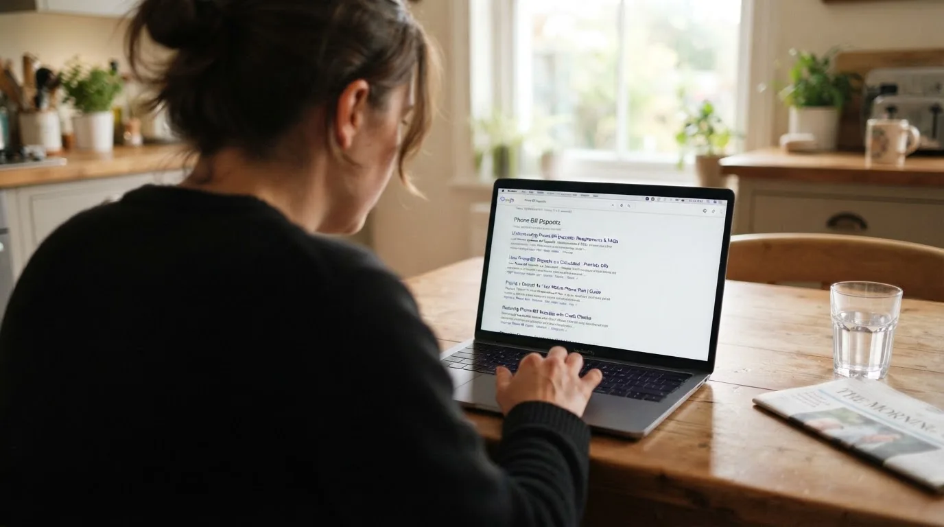 A person sits at a kitchen table, scrolling a laptop showing a general search results page about phone-bill deposits.
