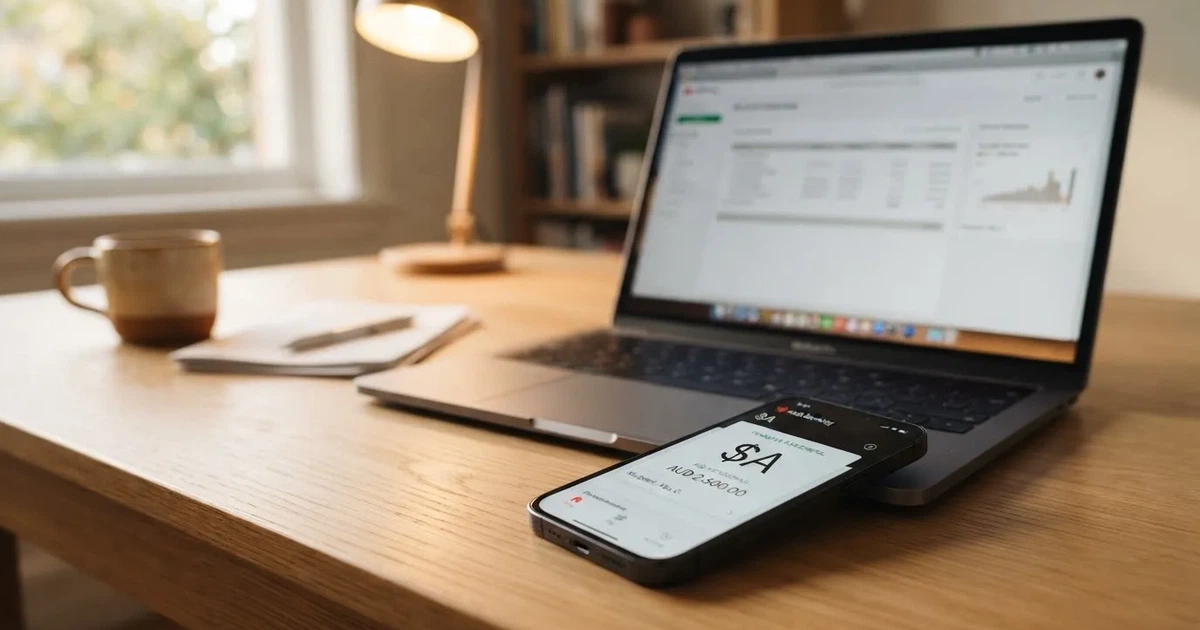 Close-up of a smartphone banking app open beside a laptop on a home desk, mid-transfer.