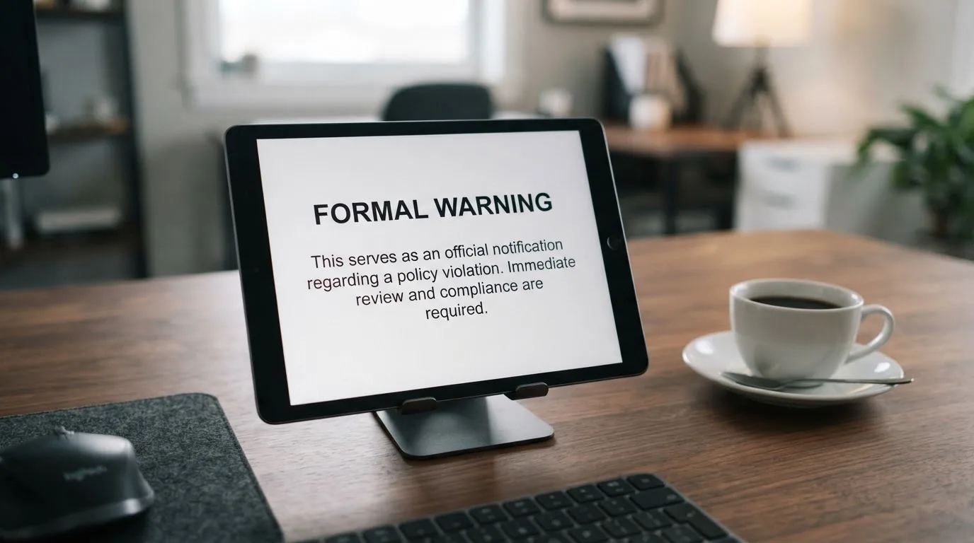 A tablet on a desk displays a plain government-style warning notice page, with a coffee cup beside it.