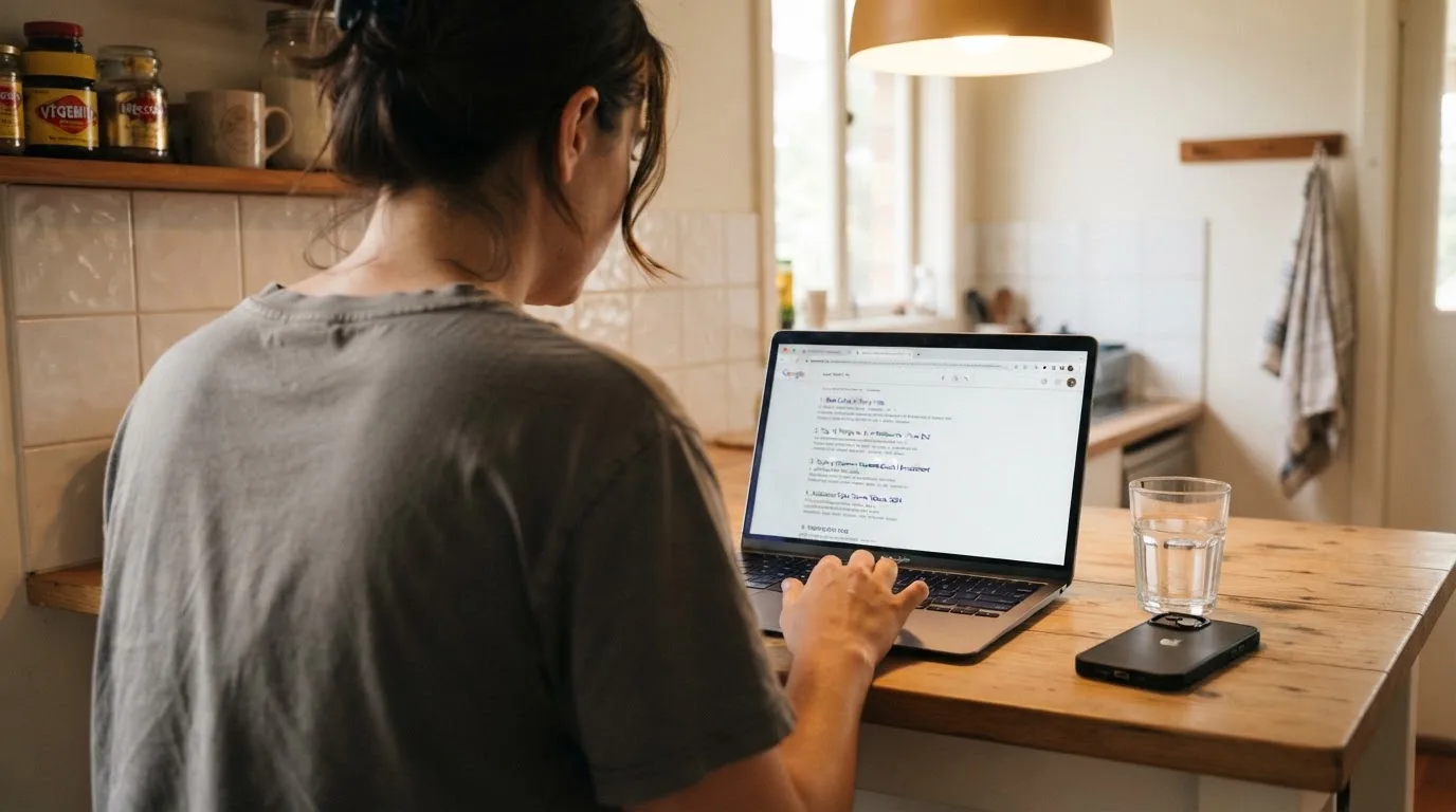 A person sits at a kitchen table, scrolling a laptop showing a general search results page about pokies bonus claims.