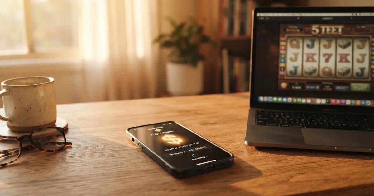 Close-up of a smartphone banking app open beside a laptop on a home desk, mid-transfer.