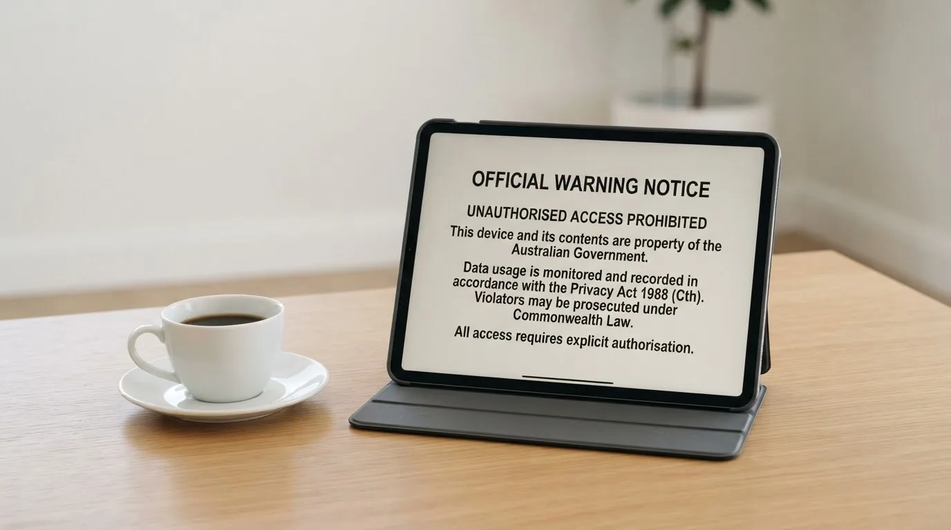 A tablet on a desk displays a plain government-style warning notice page, with a coffee cup beside it.