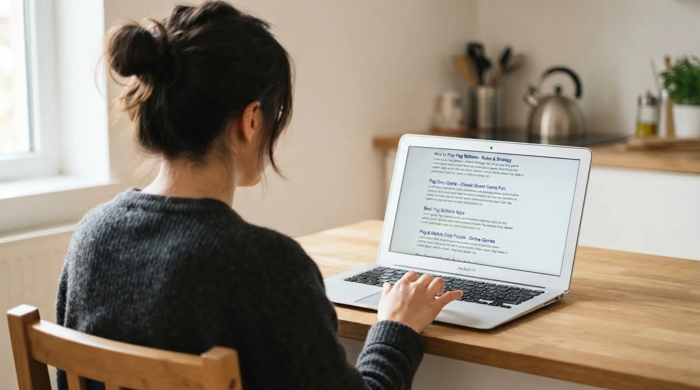A person sits at a kitchen table, scrolling a laptop showing a general search results page about the Plinko game.