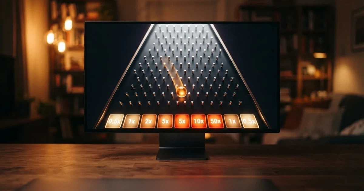 A close-up of a Plinko-style game board with pegs and multiplier slots shown on a monitor.