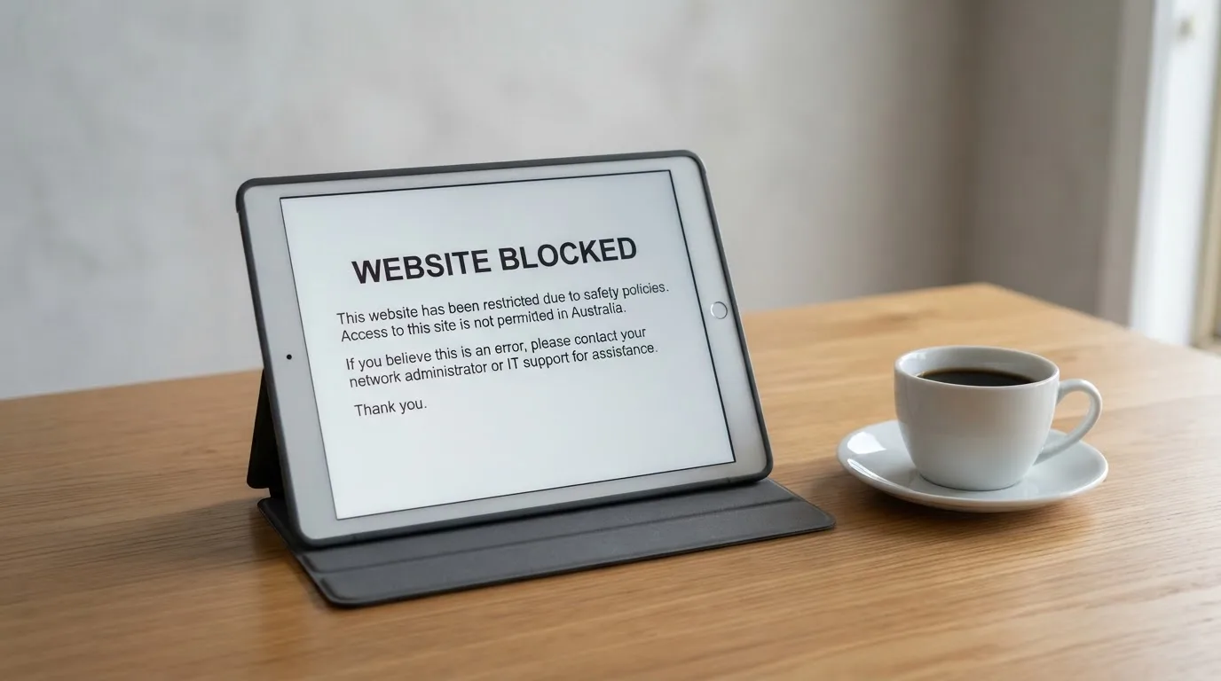 A tablet on a desk displays a plain government-style warning notice page, with a coffee cup beside it.