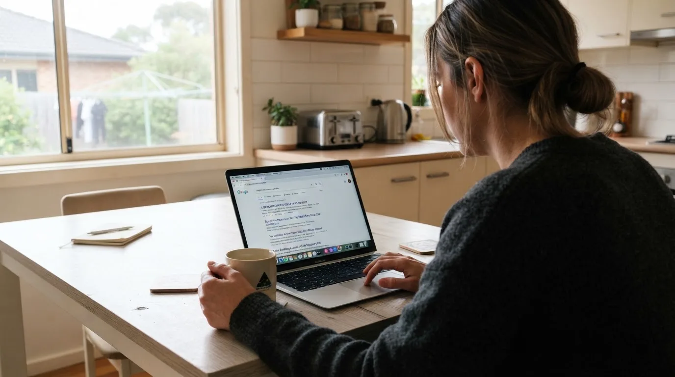 A person sits at a kitchen table, scrolling a laptop showing a general search results page about a review of a pokies site.