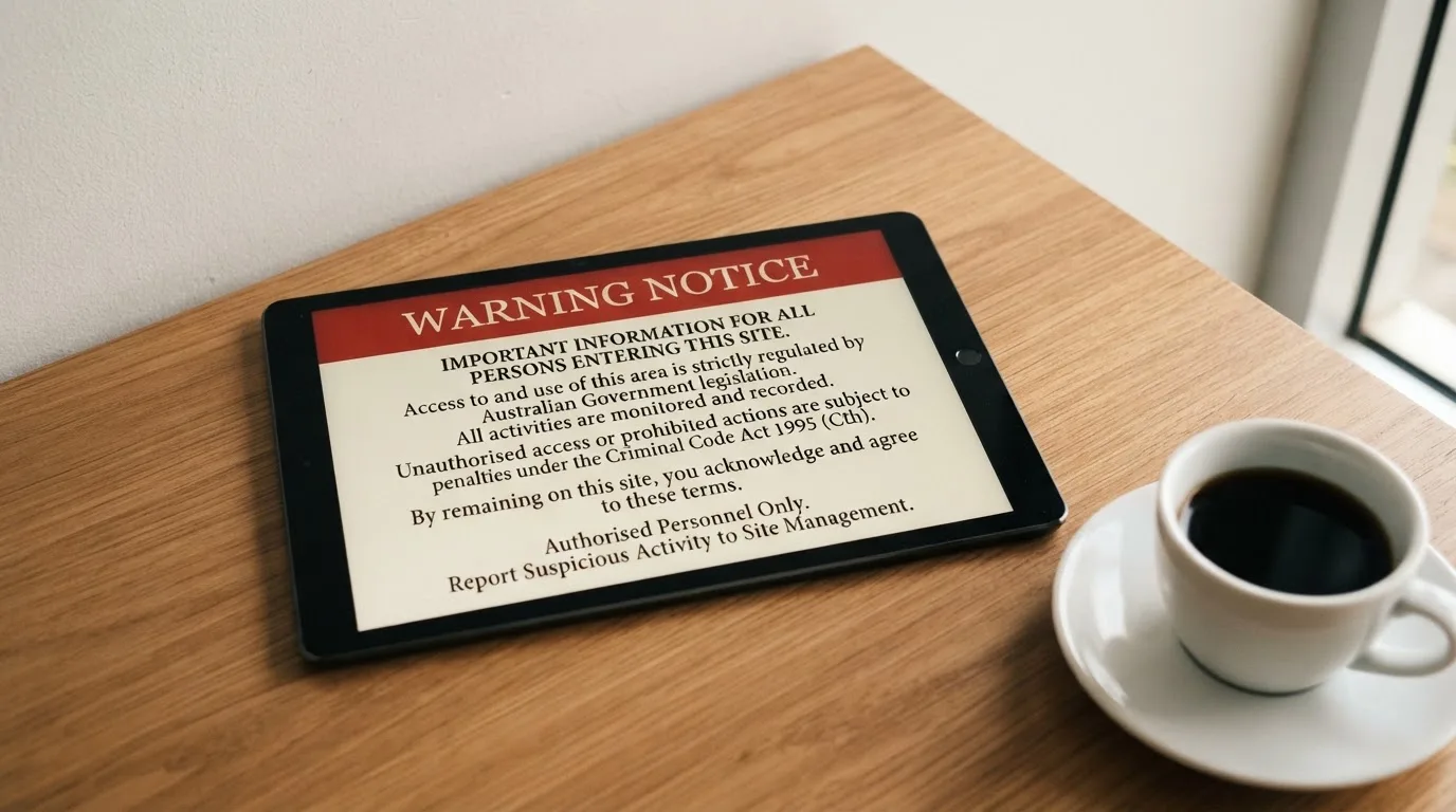 A tablet on a desk displays a plain government-style warning notice page, with a coffee cup beside it.